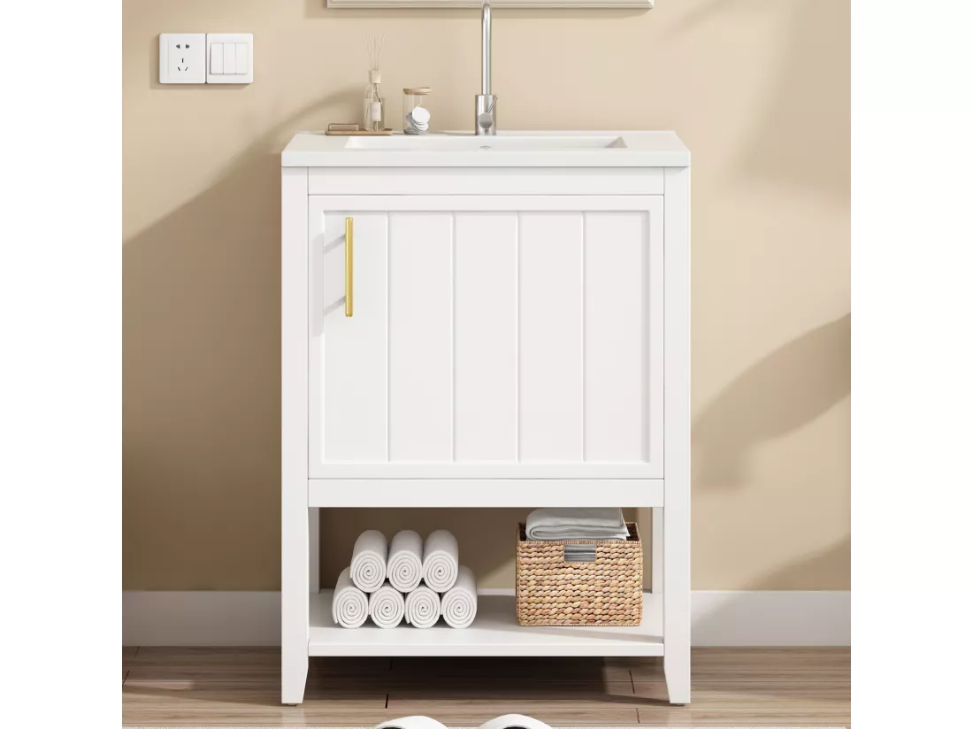 Meuble de salle de bain avec vasque en céramique - avec rangements - Blanc(robinet non inclus)
