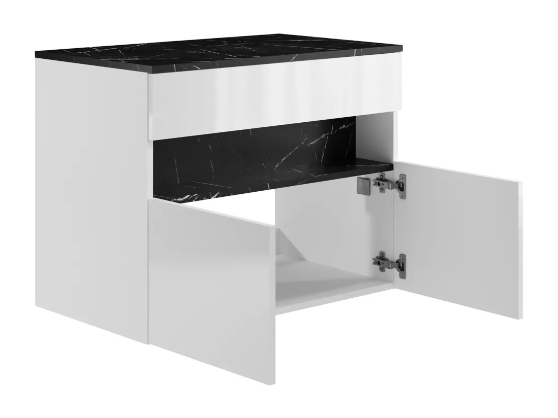 Meuble sous vasque suspendu à LEDs avec planche - Blanc et noir effet marbre - L80 cm - POZEGA