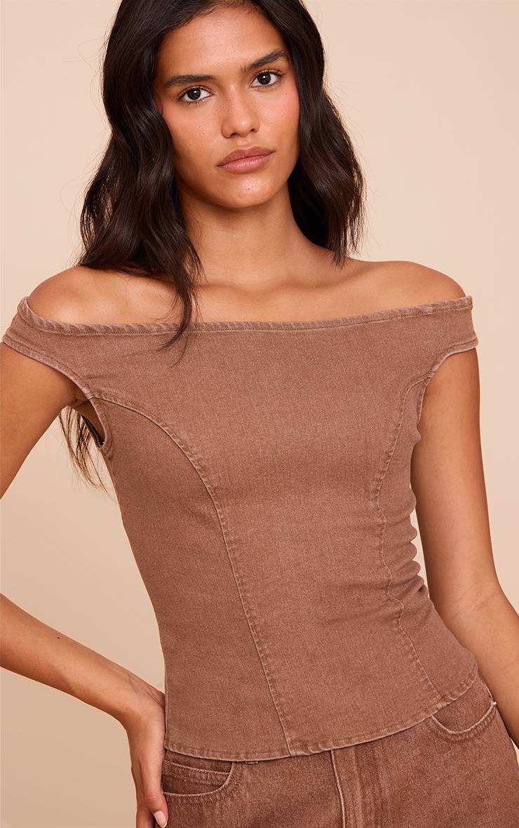 Marron Haut En Denim Stretch À Épaules Dénudées