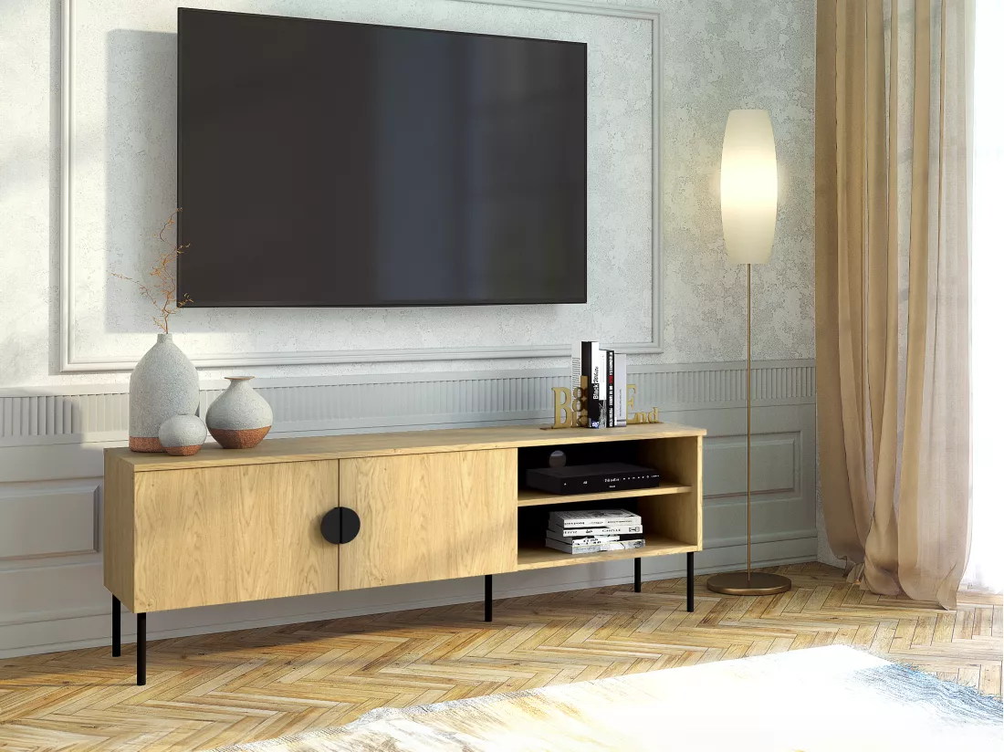 Meuble TV avec 2 portes et 2 niches - Naturel et noir - NATANIEL
