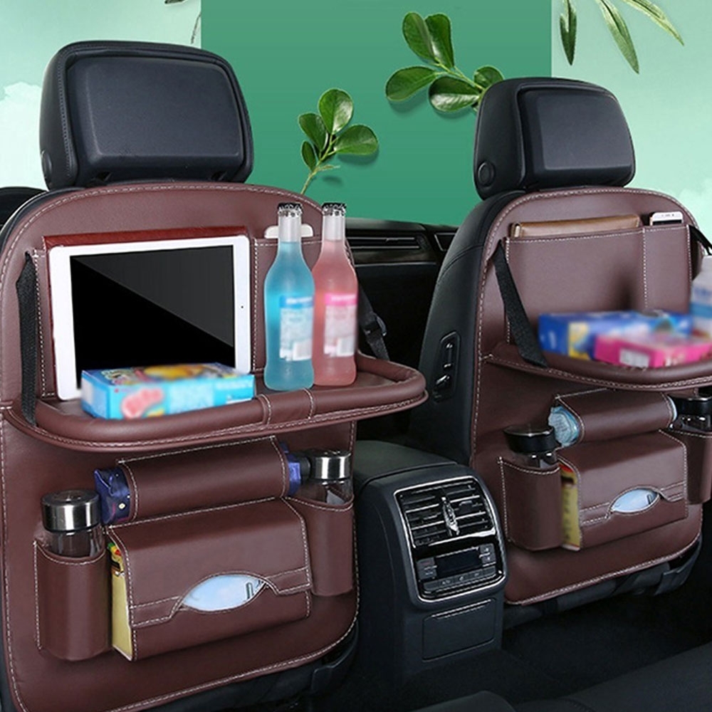 (59x42cm) Auto Leder Sitz Aufbewahrungs Hänge Beutel Organizer Rücksitz Tasche Rücklehnen Schutz mit Klapptisch - Schwarz