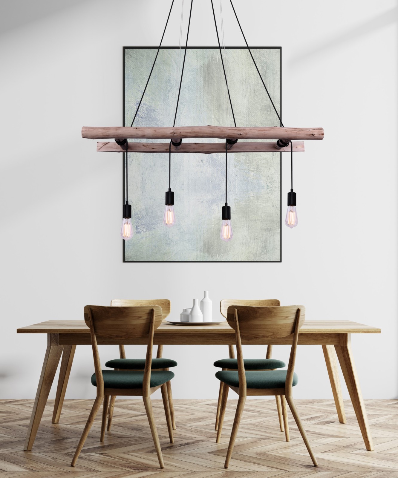 Pendelleuchte - schwarz-natur - Holzleiter - 115 cm breit