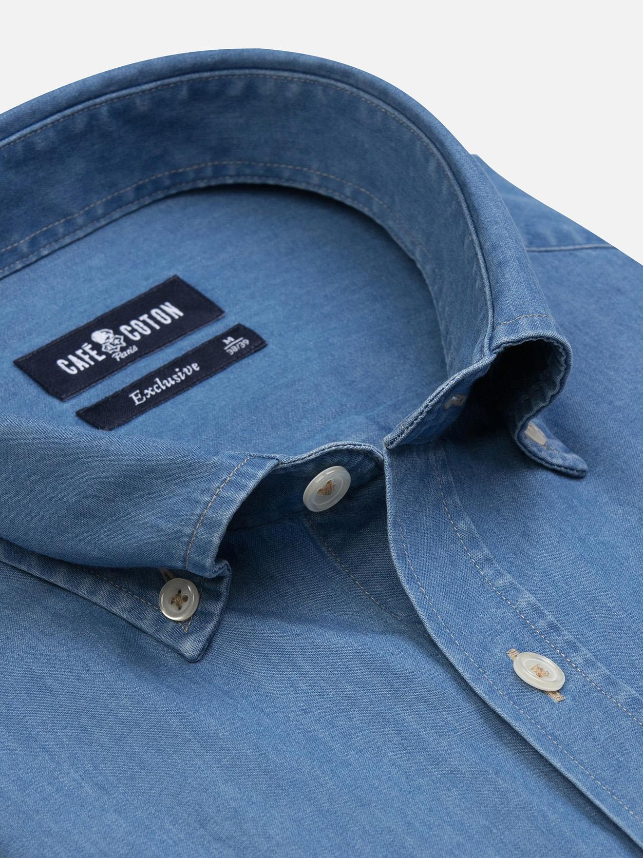 Chemise manches courtes en denim ciel - Col boutonné