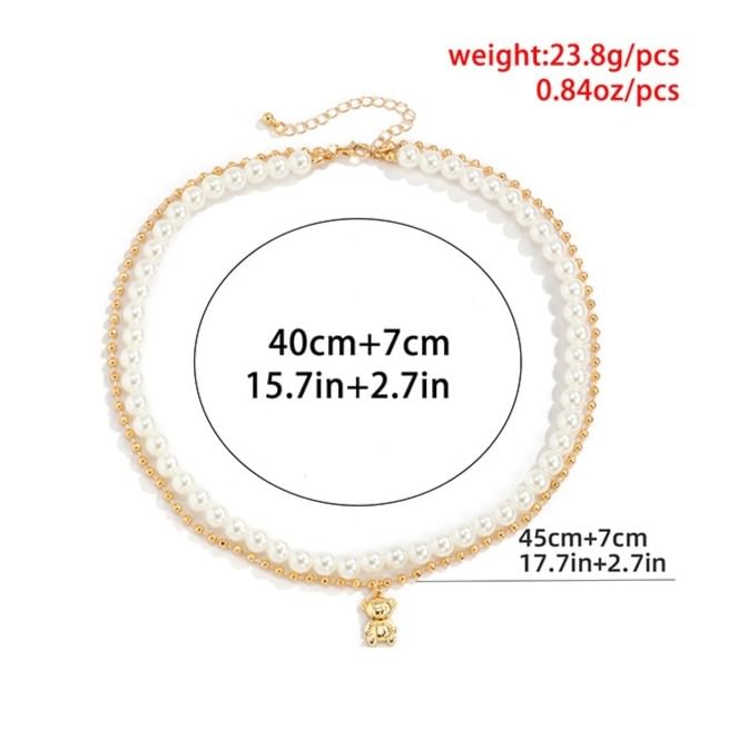 Gretlyn - Bear Pendant Faux Pearl Layered Necklace