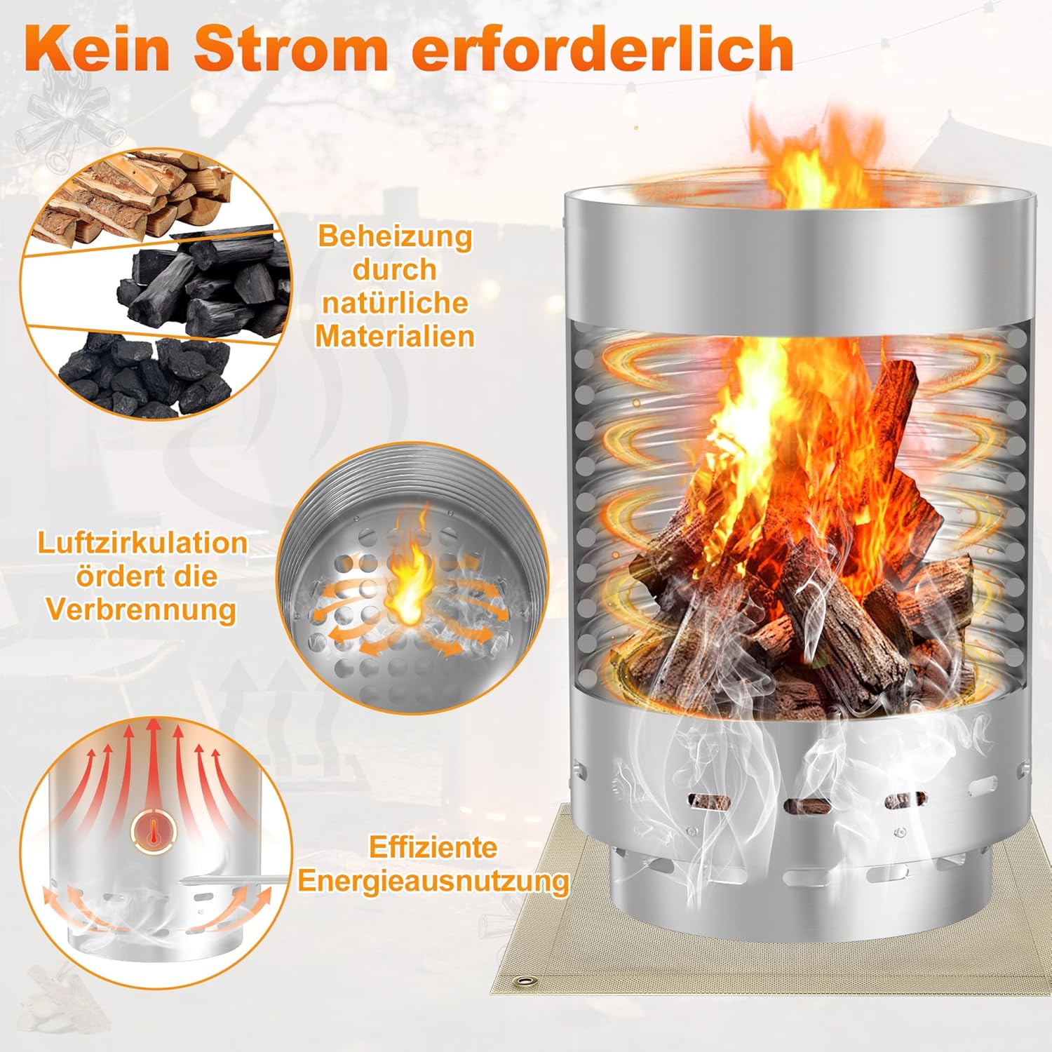 Edelstahl Feuertonne Poolheizung mit Heizspirale, Ø32/38mm Anschlüsse Brennholz Pool Heizung, inkl. Feuerfeste Matte & Restasche Auffangwanne, Outdoor Poolofen für Schwimmbäder, Silber B, 1 Stück