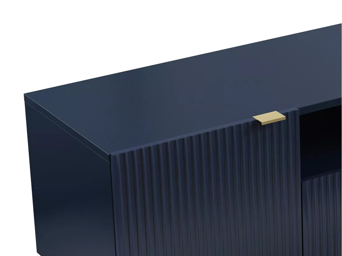 Meuble TV avec 2 portes, 2 tiroirs et 2 niches en MDF et acier - Bleu et doré - YESINIA