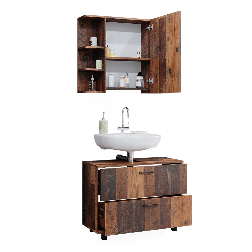 Vicco Badmöbelset Ilias Old Style modern Badezimmerschrank Badschrank Badezimmermöbel Waschtischunterschrank Waschbeckenunterschrank Spiegelschrank Schranktür Schrankfach Schrankschublade
