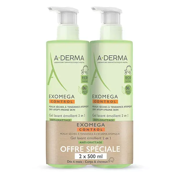 A-Derma Exomega Control Gel de Limpeza Emoliente Anti-Arranhão 2 em 1, Pacote com 2 x 500ml