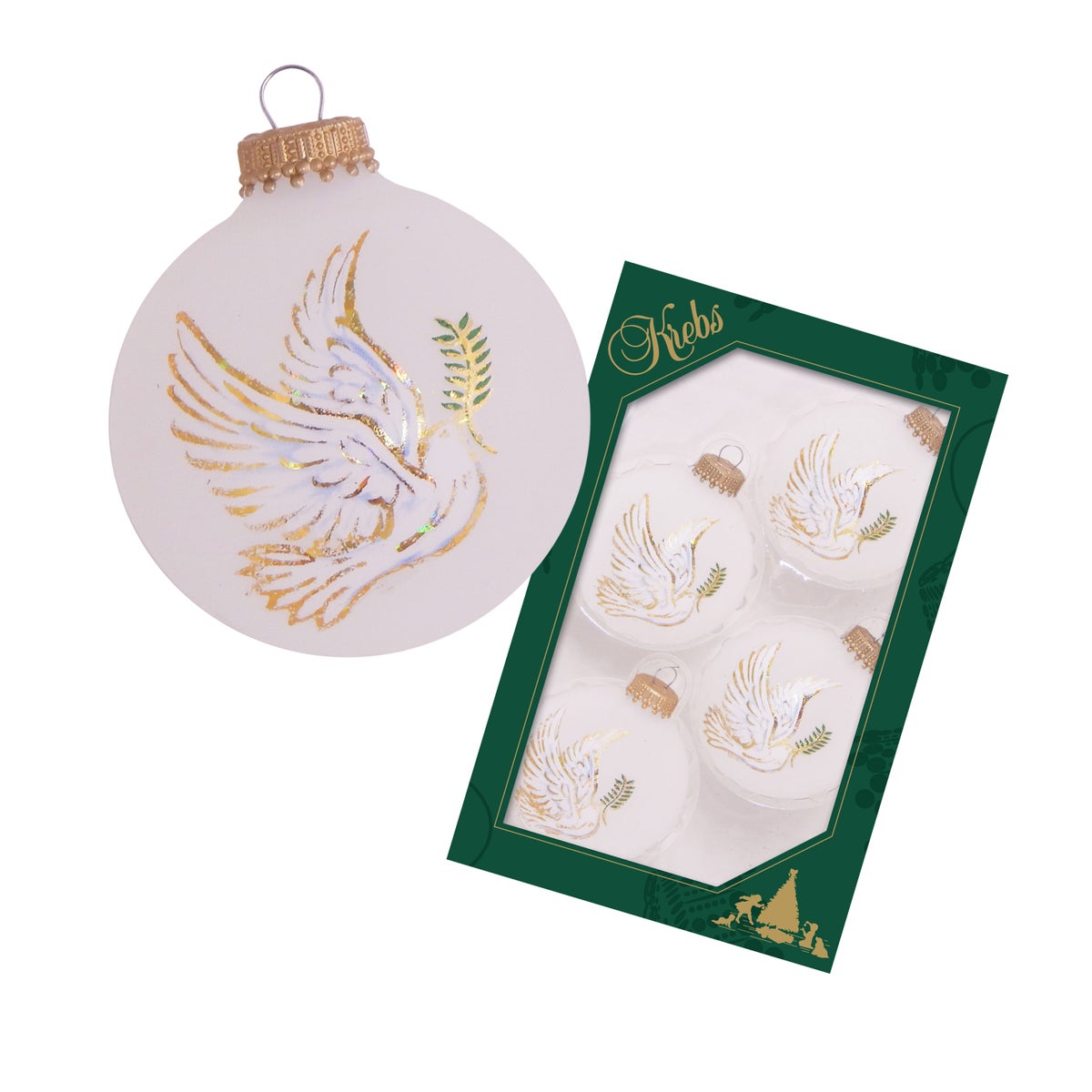 Frost 7cm glazen bal met foliedecoratie vredesduif, 4 stuks, Kerstboomballen, Kerstboomversieringen, Kerstboomornamenten