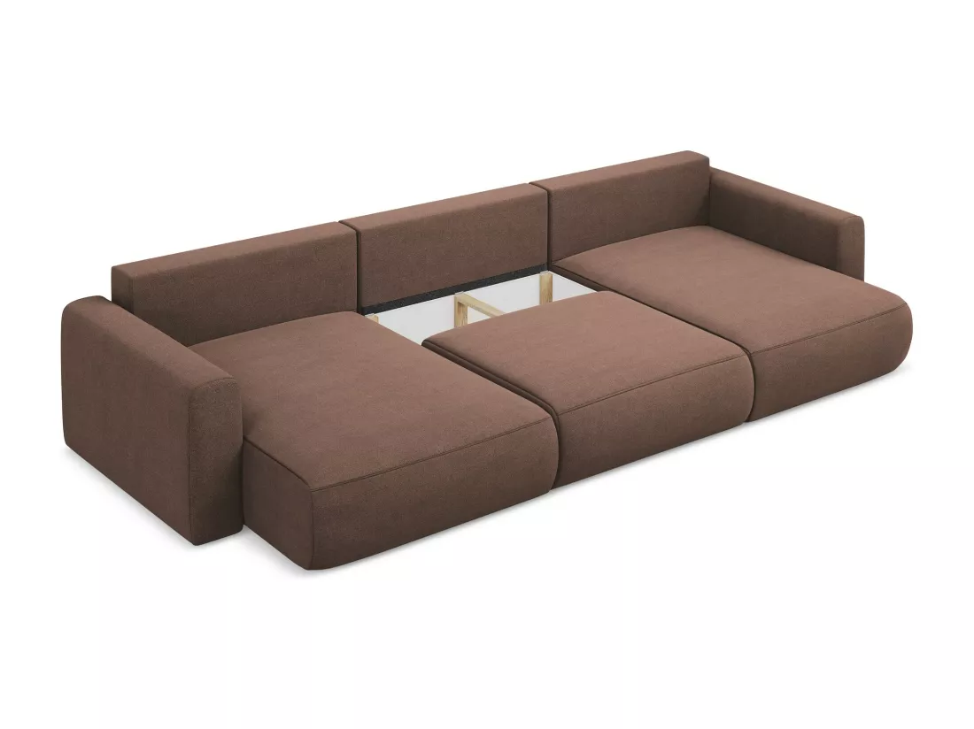 Canapé d'angle panoramique convertible en tissu texturé - rose poudré - KAPUA