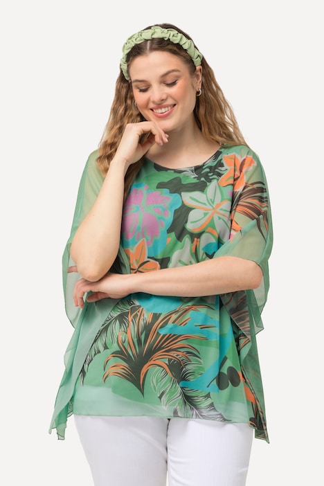 Bluse, Blüten, doppellagig, Rundhals, Halbarm
