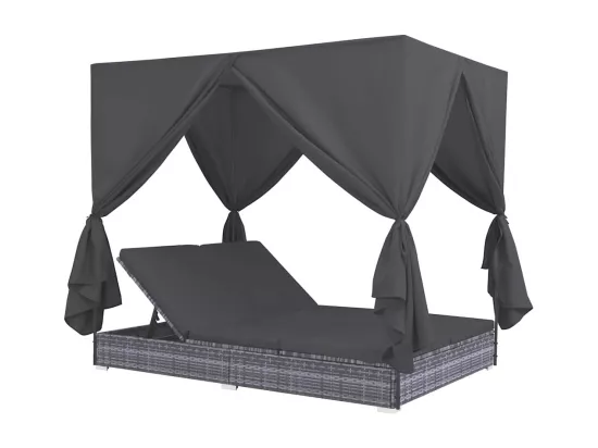 Chaise longue d'extérieur avec rideaux Résine tressée Gris