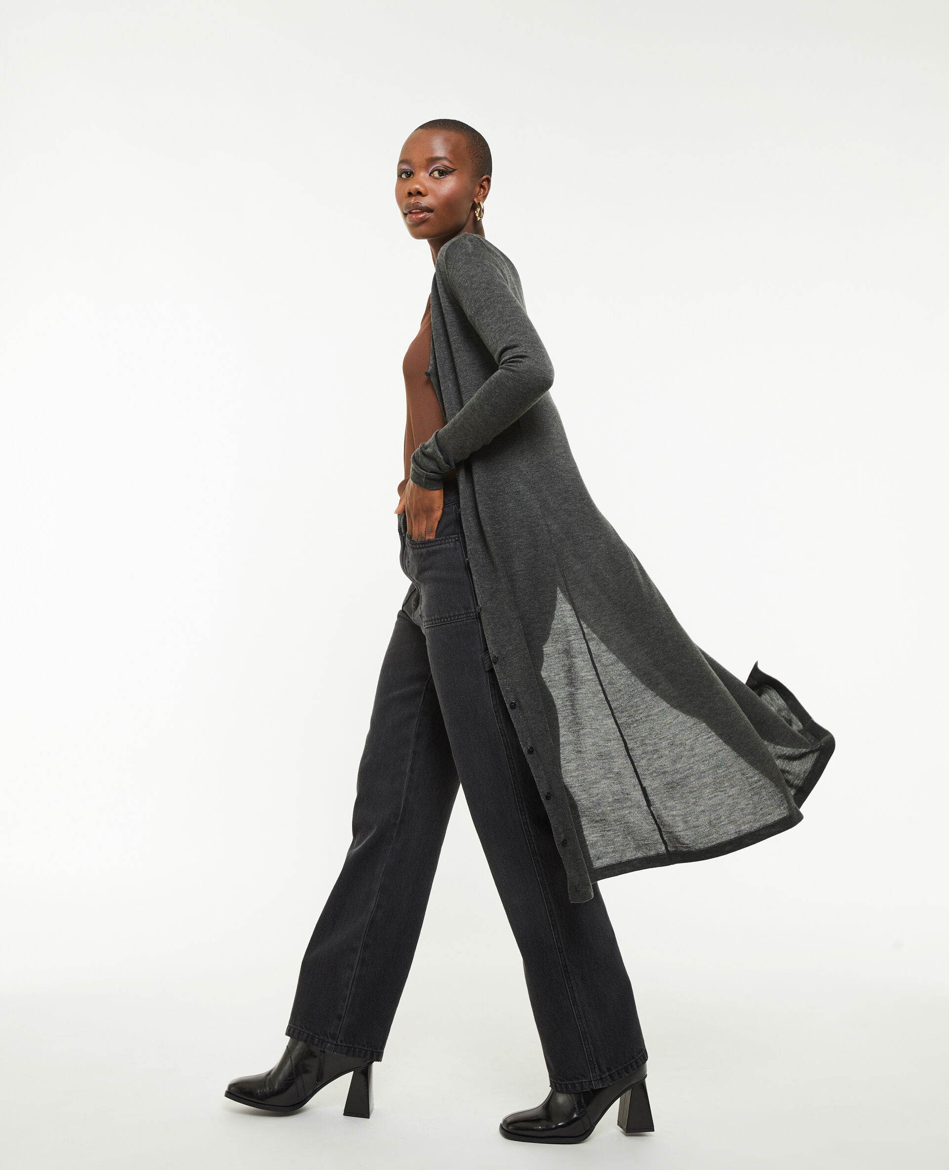 Robe longue boutonnée en maille - Gris foncé