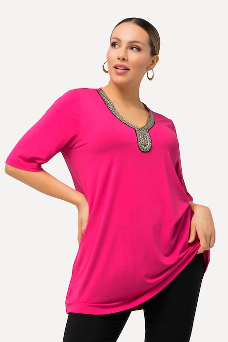 Shirt-Tunika, Perlen, A-Linie, Tunika-Ausschnitt, Halbarm