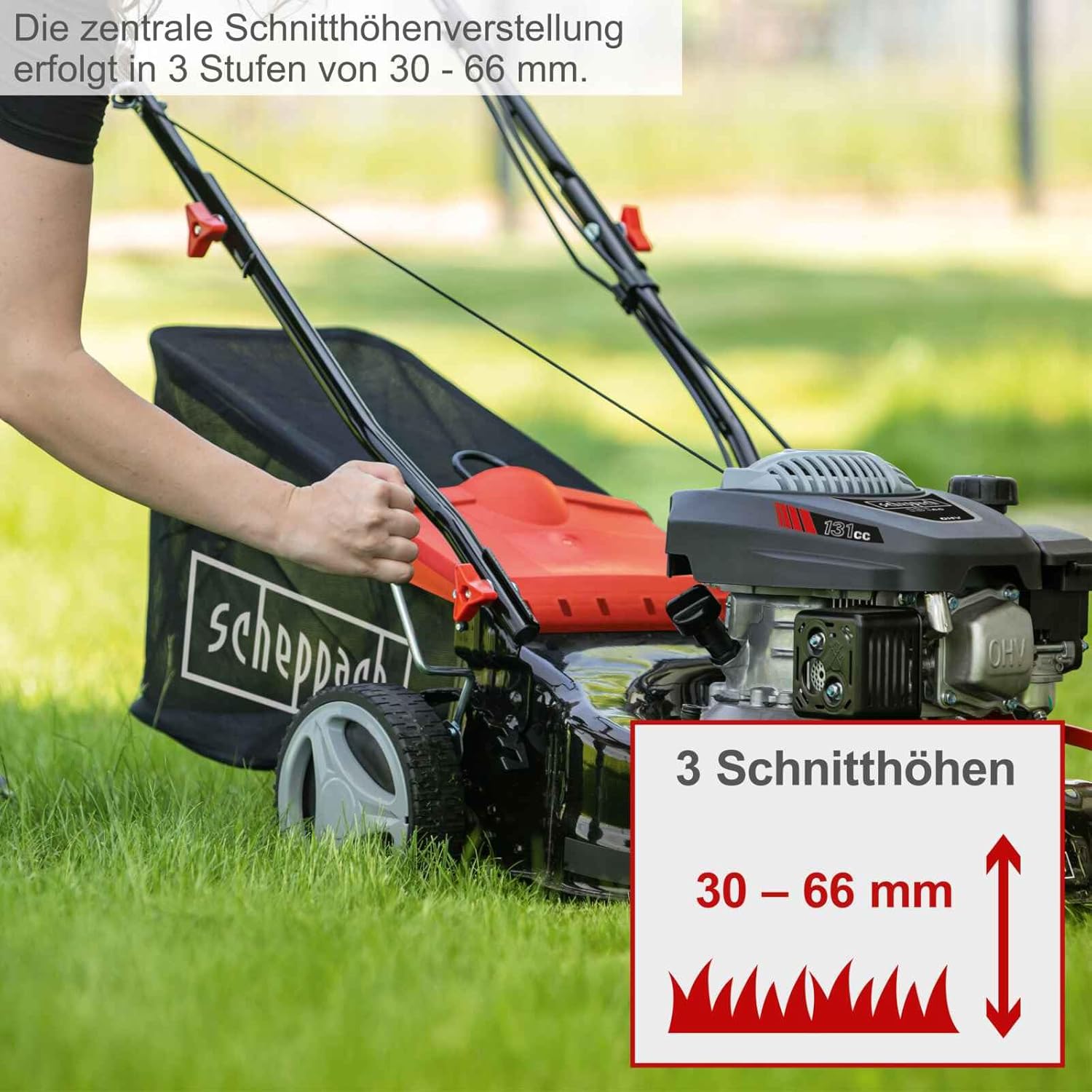 Scheppach Benzin Rasenmäher MP132-40 mit 40cm Schnittbreite | Leistung 3,3PS / 2,4kW | 3-fache Schnitthöhenverstellung | 35 Liter Fangkorb | geeignet bis 600 m² | große Laufräder | inkl. Ersatzmesser