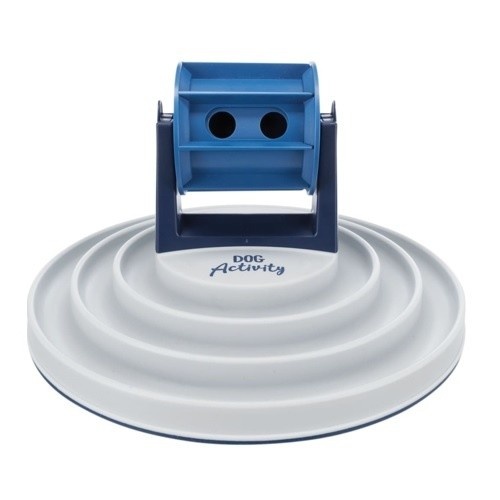 Alimentador interativo Trixie com roda, azul e branco, para gatos.