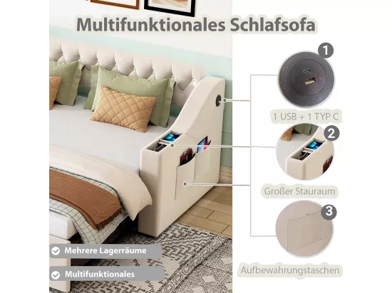 Lit gigogne 90/180x190 accoudoirs plus larges et plus épais avec port de chargement USB avec poches de rangement Velours Beige