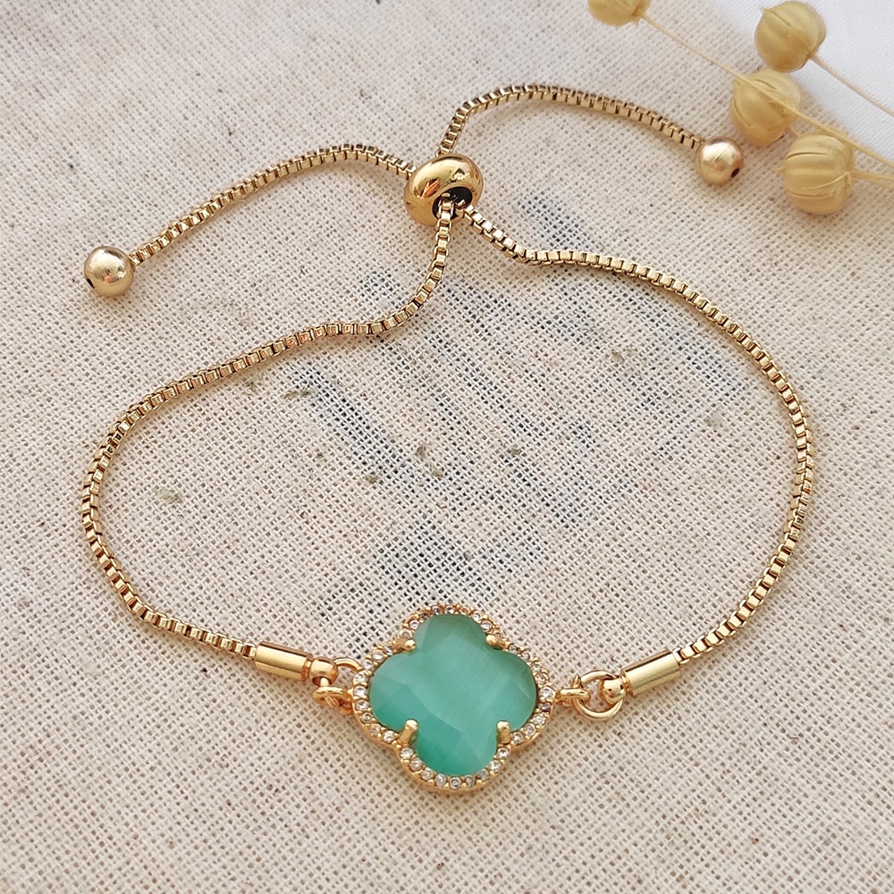 Bracelet trèfle - Laiton plaqué or & pierres de Ceylan