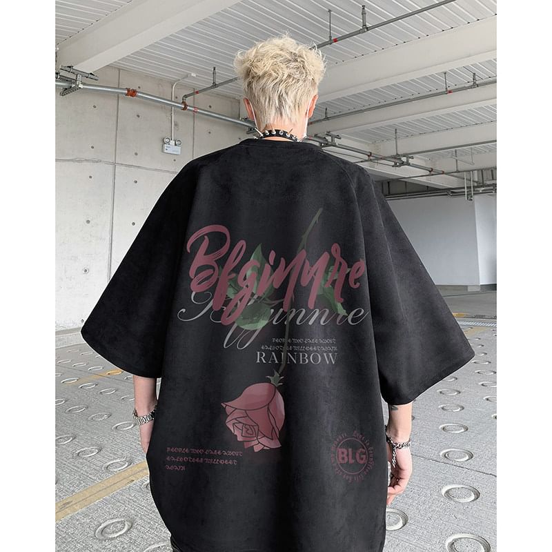 Kimeya - T-shirt met ronde hals en bloemenprint van imitatiesuède met 3/4 mouwen