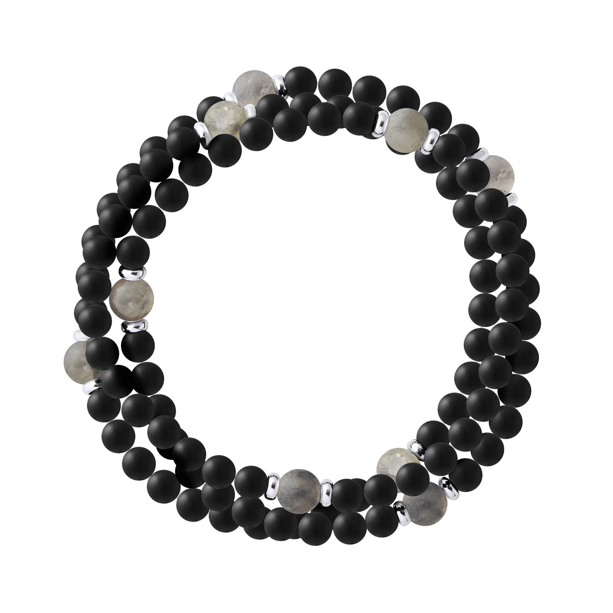 Bracelet Triple Rang SHAMAN, Quartz Fumé, Agate Noire Matte , Argent 925