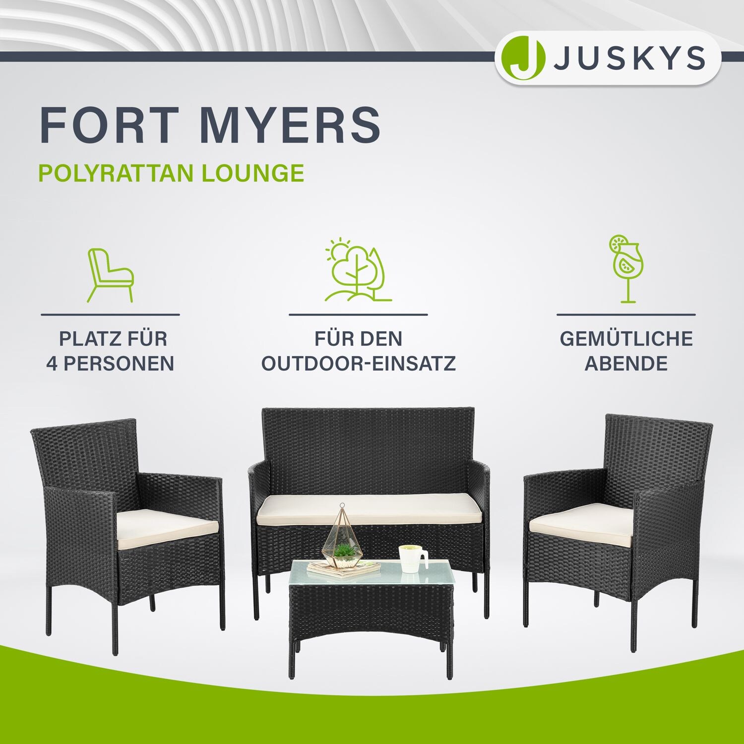Juskys Polyrattan Gartenmöbel-Set Fort Myers schwarz mit Tisch, Sofa, 2 Stühle & Auflagen