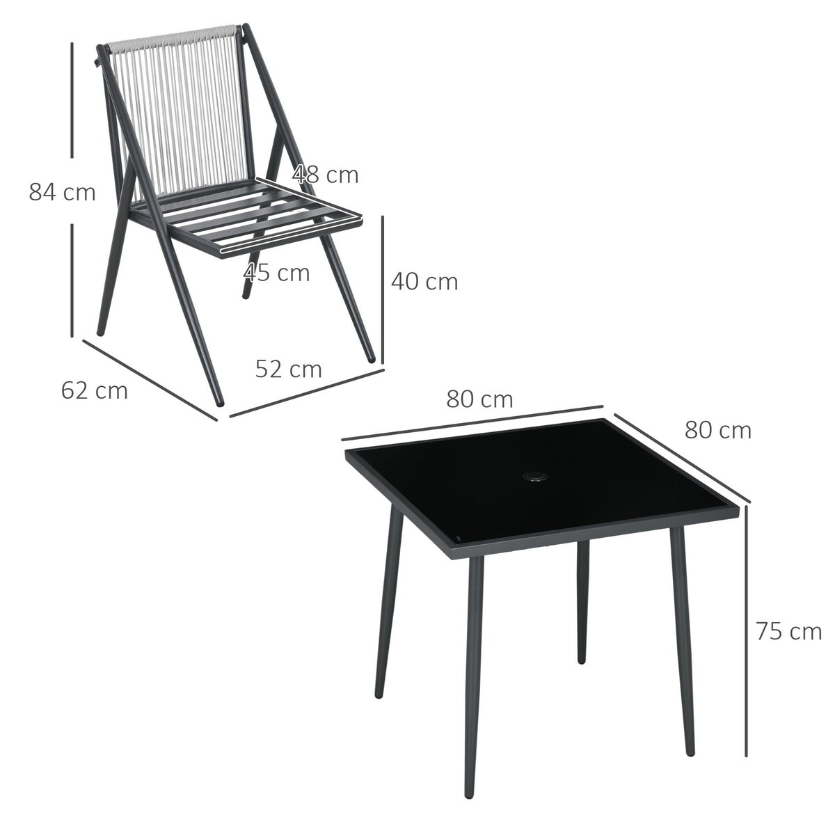 Outsunny 5-delige tuinmeubelset, tuinset met 1 tafel, 4 stoelen, met parasolgat, voor balkon, terras, 80L x 80B x 75H cm, polyester, donkergrijs