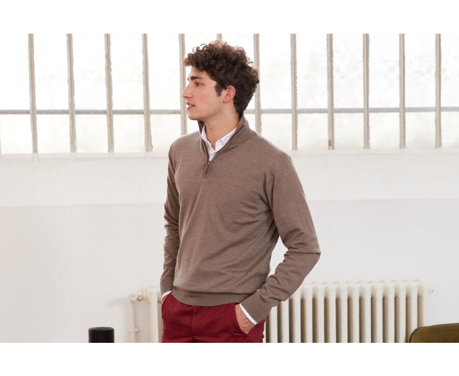 Pull col zippé homme Gris Taupe Chiné - VLARINOS