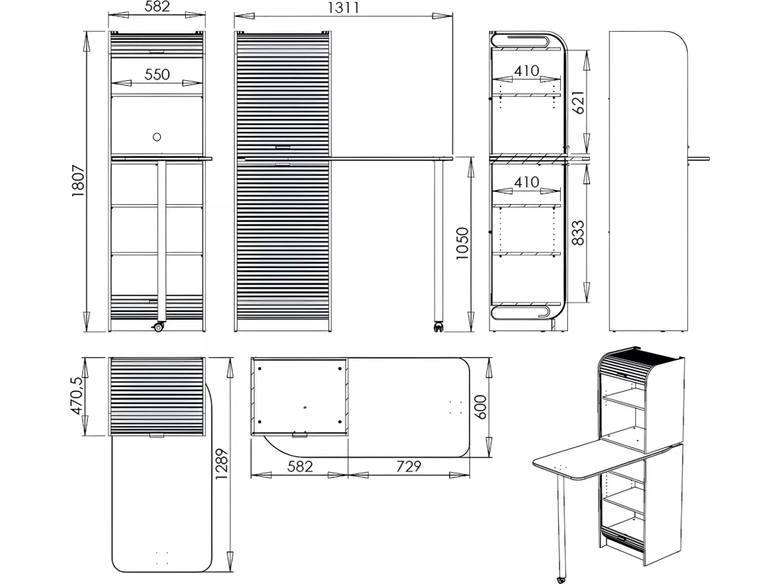 Table de Cuisine et Meuble Rangement 5 Niches - Coloris: Hêtre + rideau blanc