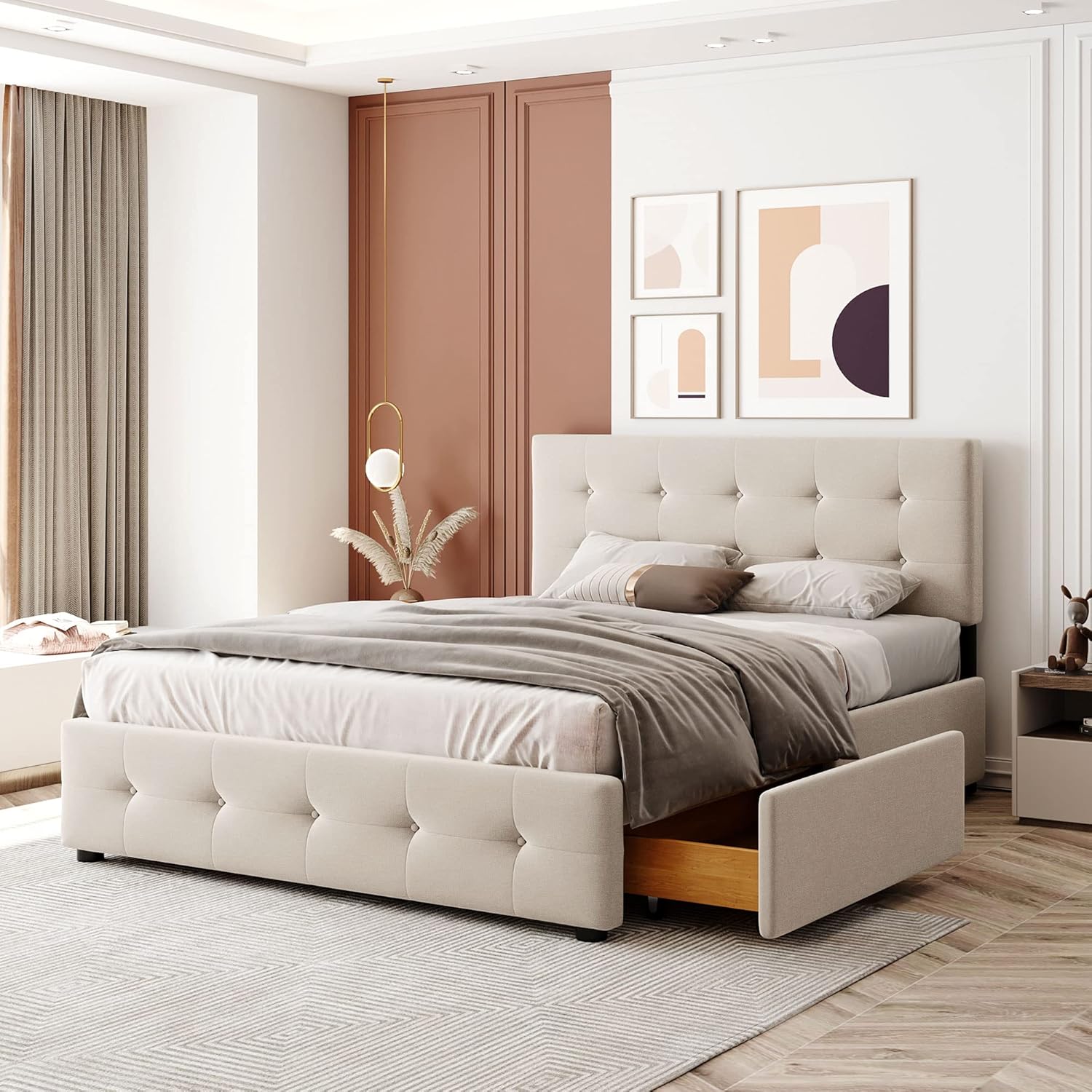 Samt Polsterbett 140 x 200 cm, Hautfreundliches Doppelbett mit Schubladen Lattenrost und Rückenlehne, Für Erwachsene und Jugendliche (Beige)