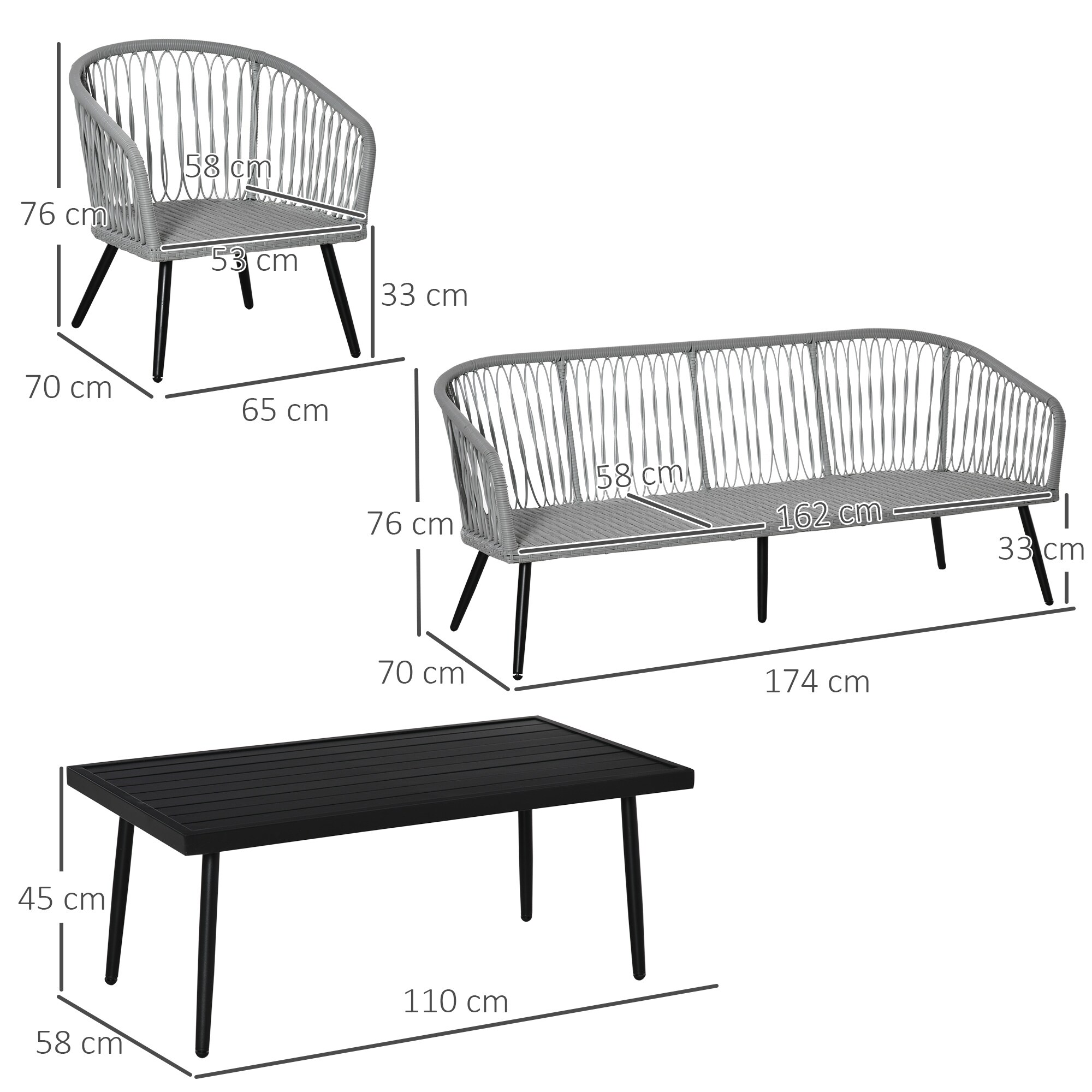 Outsunny Gartenmöbel-Set mit Kissen grau 174L x 70B x 76H cm