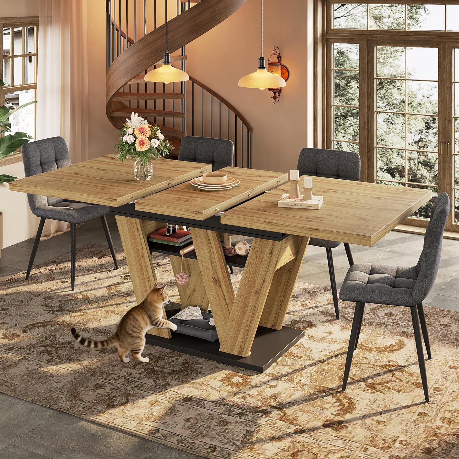Esstisch Ausziehbar mit W-förmigen Beinen, Holz Tischplatte in Schwarz+Natur, 119-158.5x80 cm, Esszimmer Tisch Küchentisch mit Stauraumregal für 4-6 Personen, Esszimmertisch Rechteckige