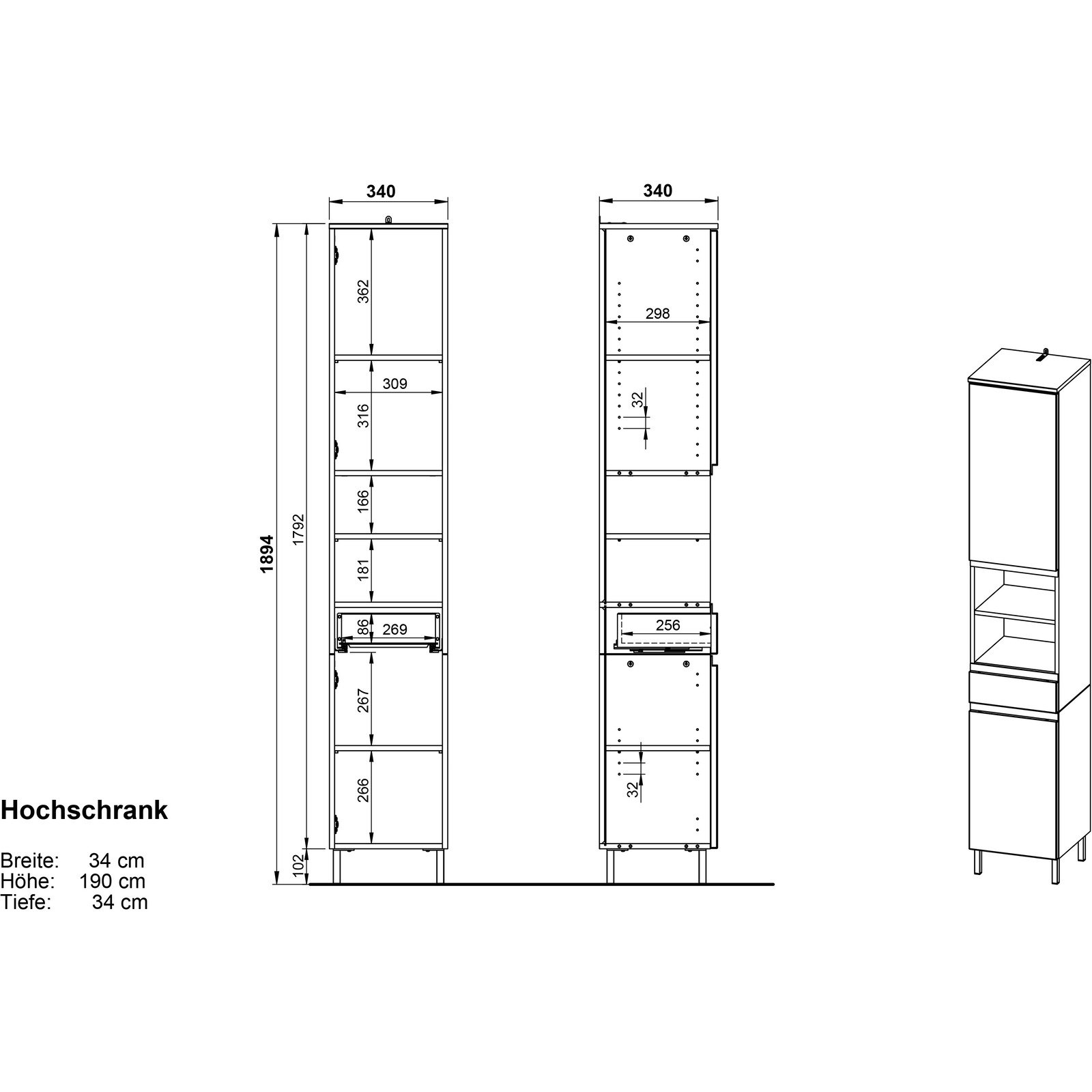 Hochschrank Torra Dekor weiss/Eiche 34 x 190 x 34 cm