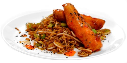 Gebratenes koreanisches Hähnchen in süßer Chilisauce mit Basmatireis und Lauch - 2 Portionen