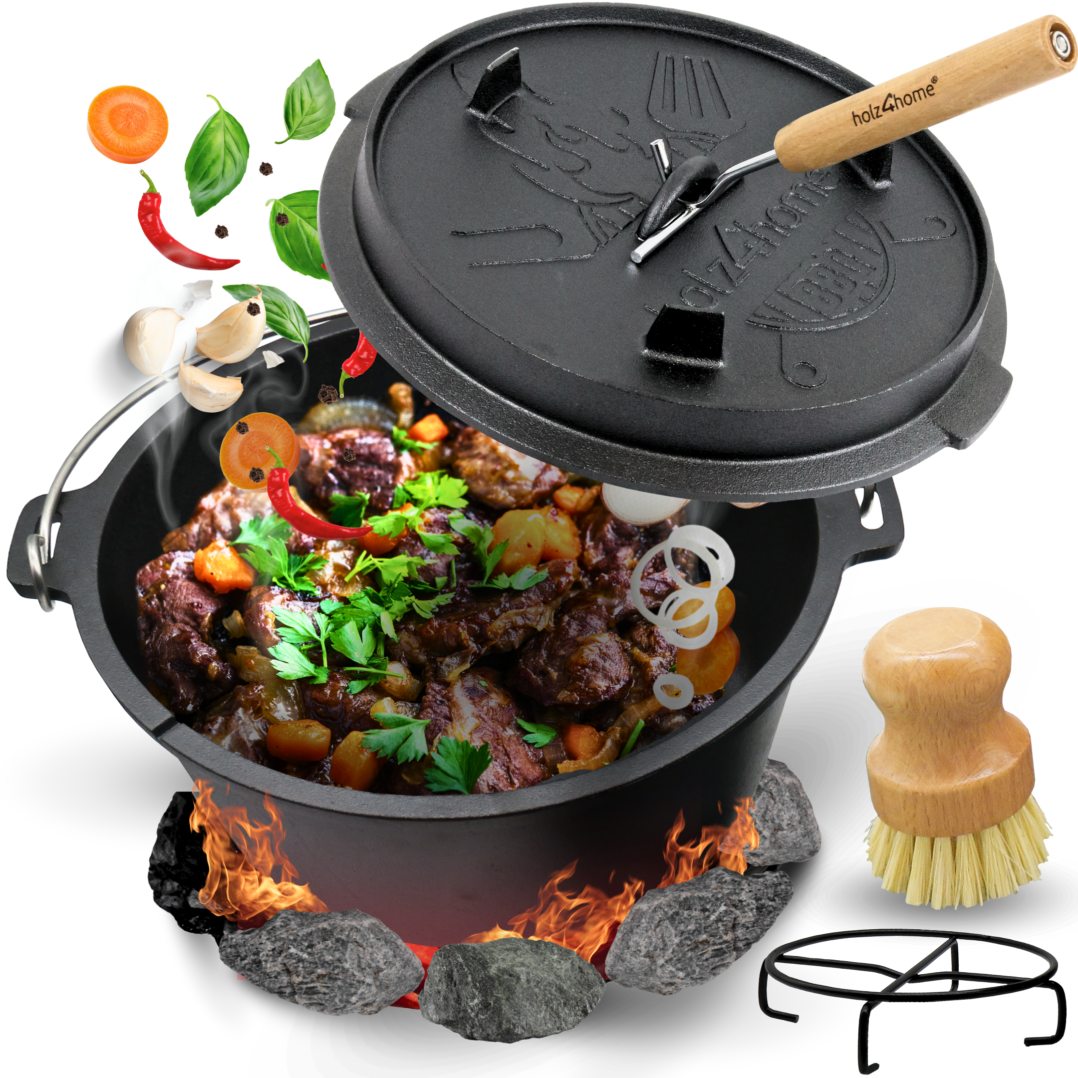 holz4home® Dutch Oven I eingebrannter Feuertopf aus Gusseisen I inkl. Deckelheber, Topfständer und Reinigungsbürste | 12 Liter
