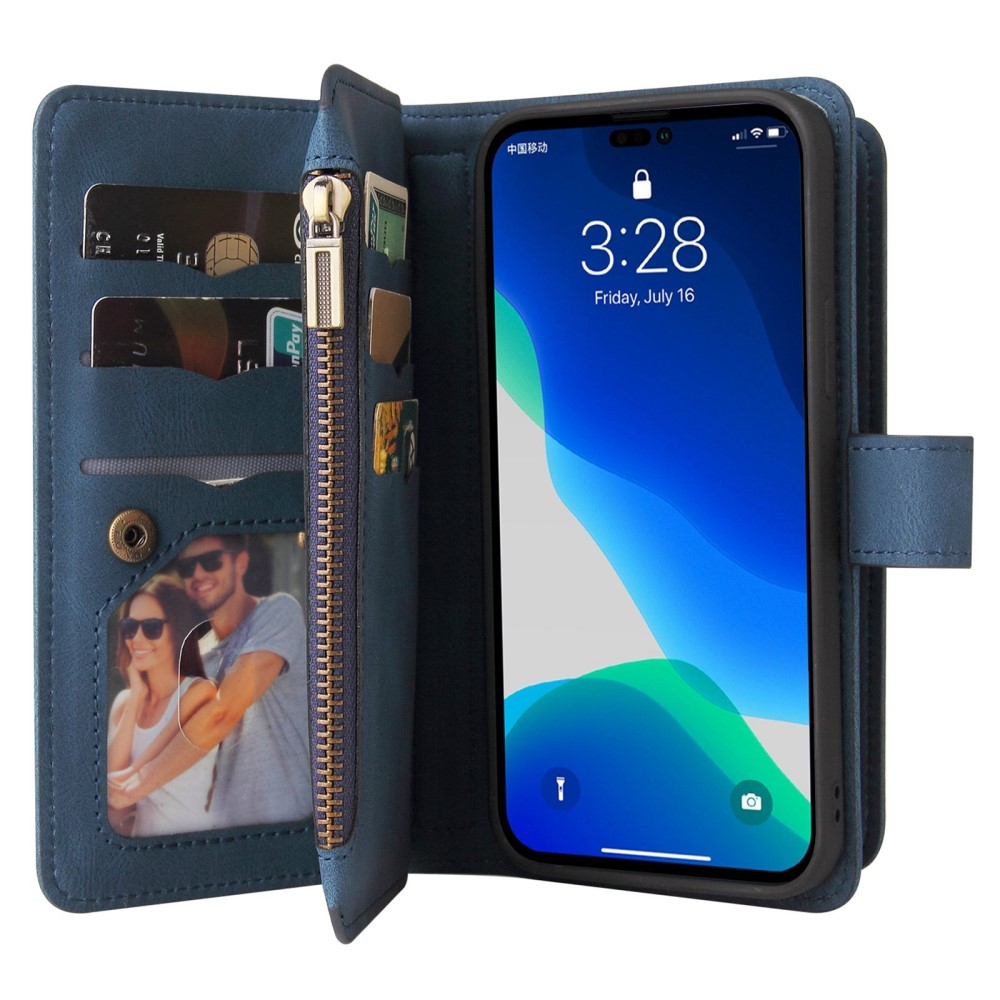 iPhone 14 Pro Leder Wallet Etui Tasche mit 13 Kartenfächern   Münzfach - Blau