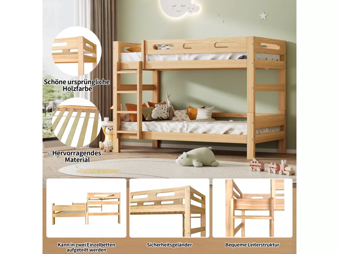 Lit superposé 90x200cm, 2 couchages, divisé en 2 lits simples, cadre stable en pin, sommier à lattes inclus, montage facile, naturel