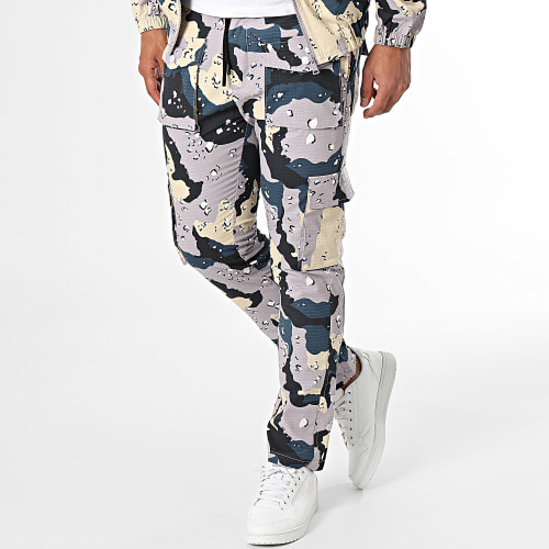 Ensemble Veste Zippée Et Pantalon Cargo Violet Beige Camouflage