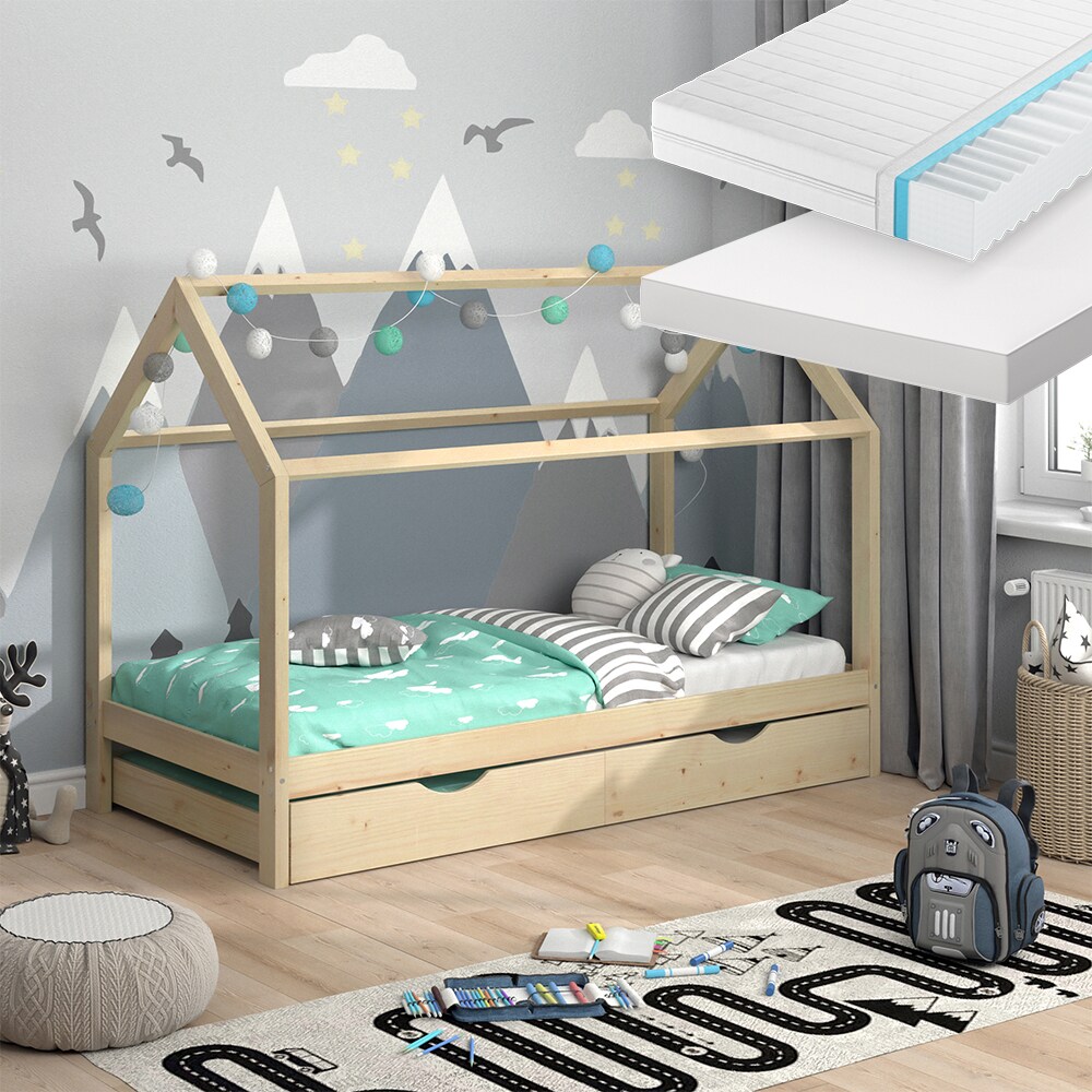 VitaliSpa Kinderbett Hausbett Gästebett Wiki Natur 90x200cm Schublade Matratzen
