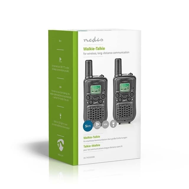 Nedis Walkie-talkie Set | 2 Håndsæt | Op til 5 km | Frekvens kanaler: 8 | PTT / VOX | Op til 2.5 Time | Sort