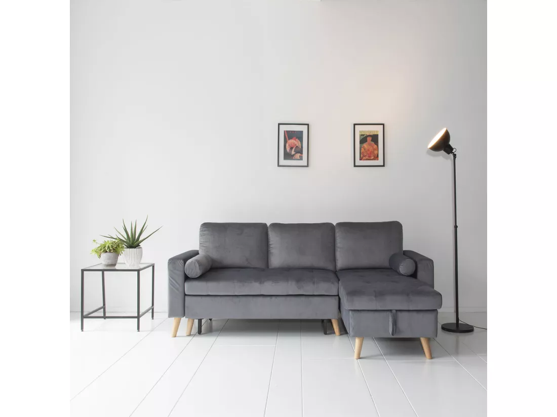 Canapé d'angle convertible JAMES 3 places en velours gris - HAPPY GARDEN