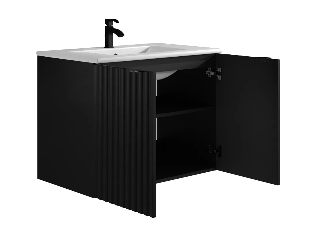 Meuble de salle de bain suspendu strié avec vasque à encastrer - Noir - L80 cm - ZILGA