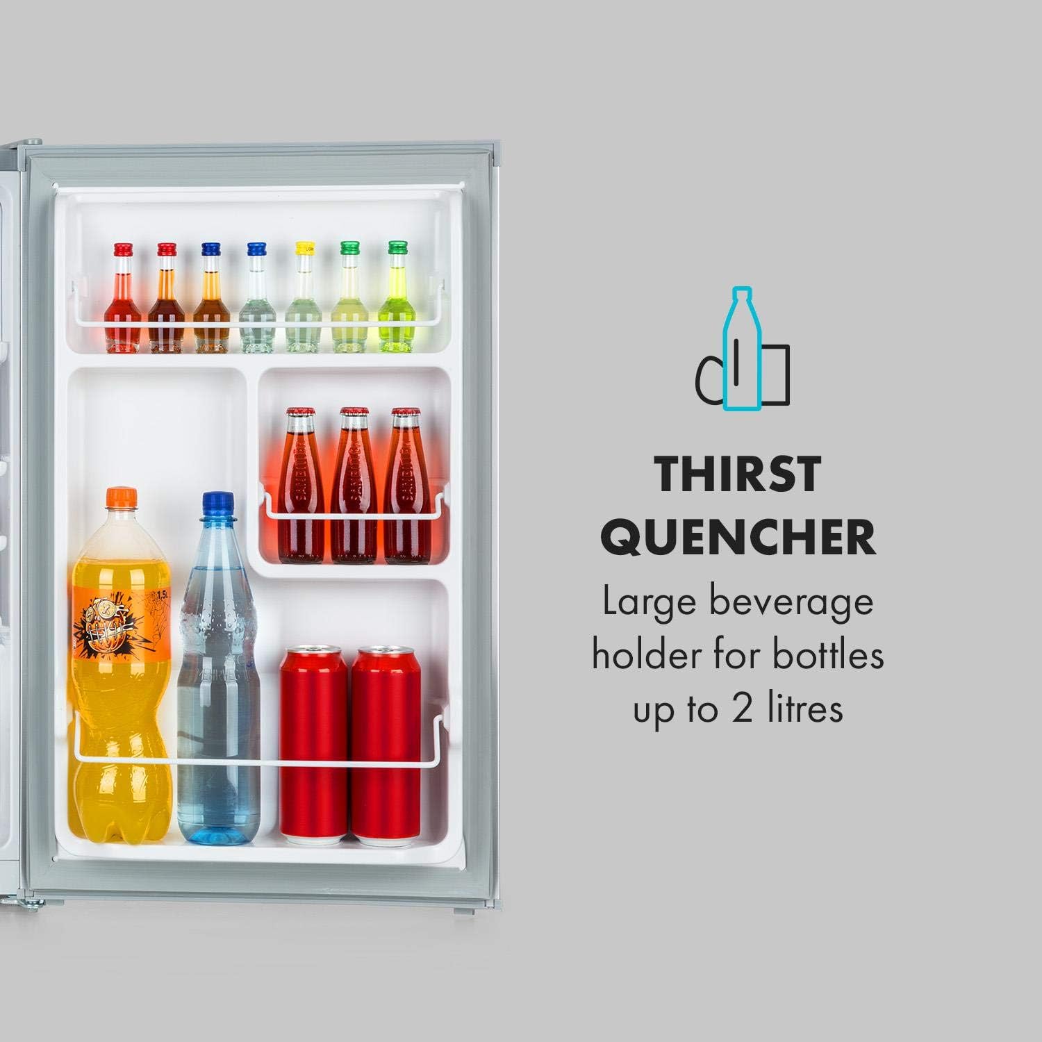 Klarstein Delaware Kühlschrank, 76 Liter Fassungsvermögen, 2 flexible Glasböden, Gefrierfach: 4 Liter, Flaschenfach bis 2 Liter, Silber/Grau