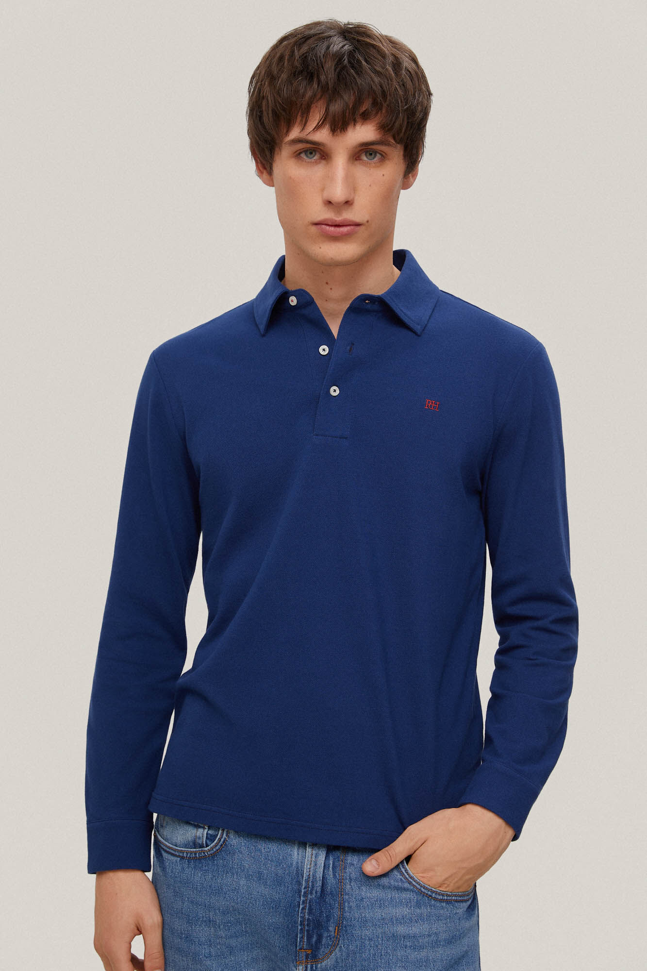 Camisa polo básica de manga comprida - Azul