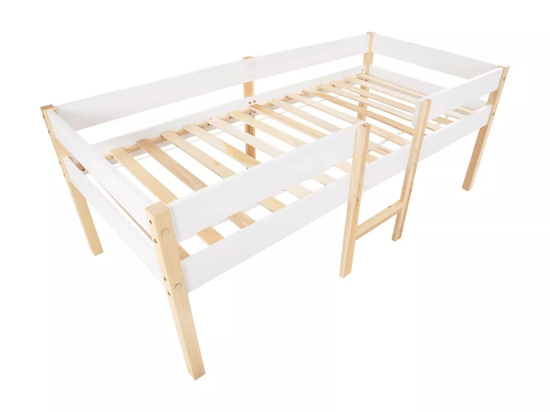 Lit mi-hauteur 90 x 200 cm avec escalier - Charge max. 120kg - Bois de pin massif - Blanc