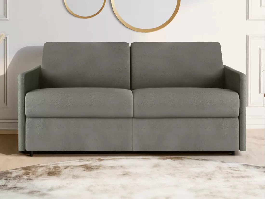Canapé 3 places convertible express en tissu gris clair - Couchage 140 cm - matelas 18 cm CALIFE