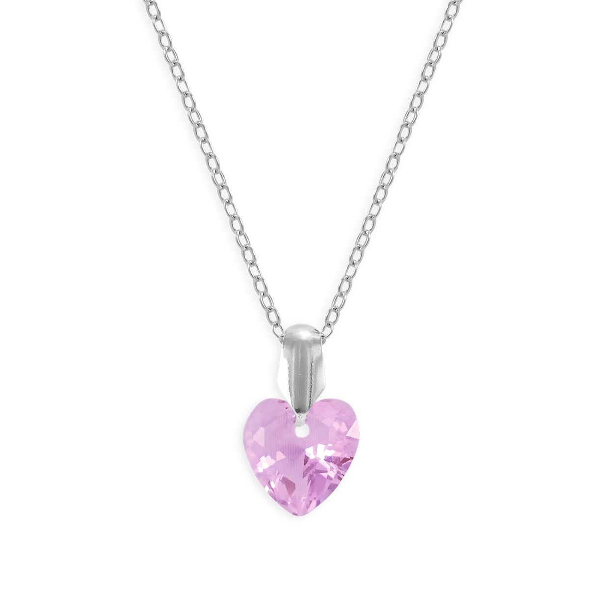 Collier coeur de cristal rose en acier argenté