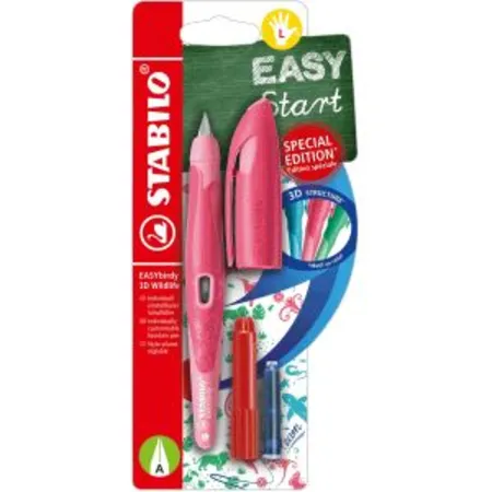 Schulfüller ergonomisch für Linkshänder mit Anfänger-Feder A - STABILO EASYbirdy 3D Wildlife Special Edition in rosa - inklusive Patrone und Einstellwerkzeug