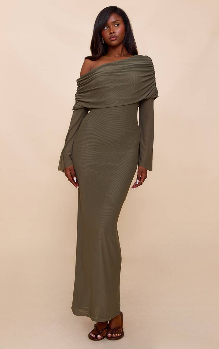 Vert Olive Robe Longue Maxi En Mesh Doublée À Manches Longues