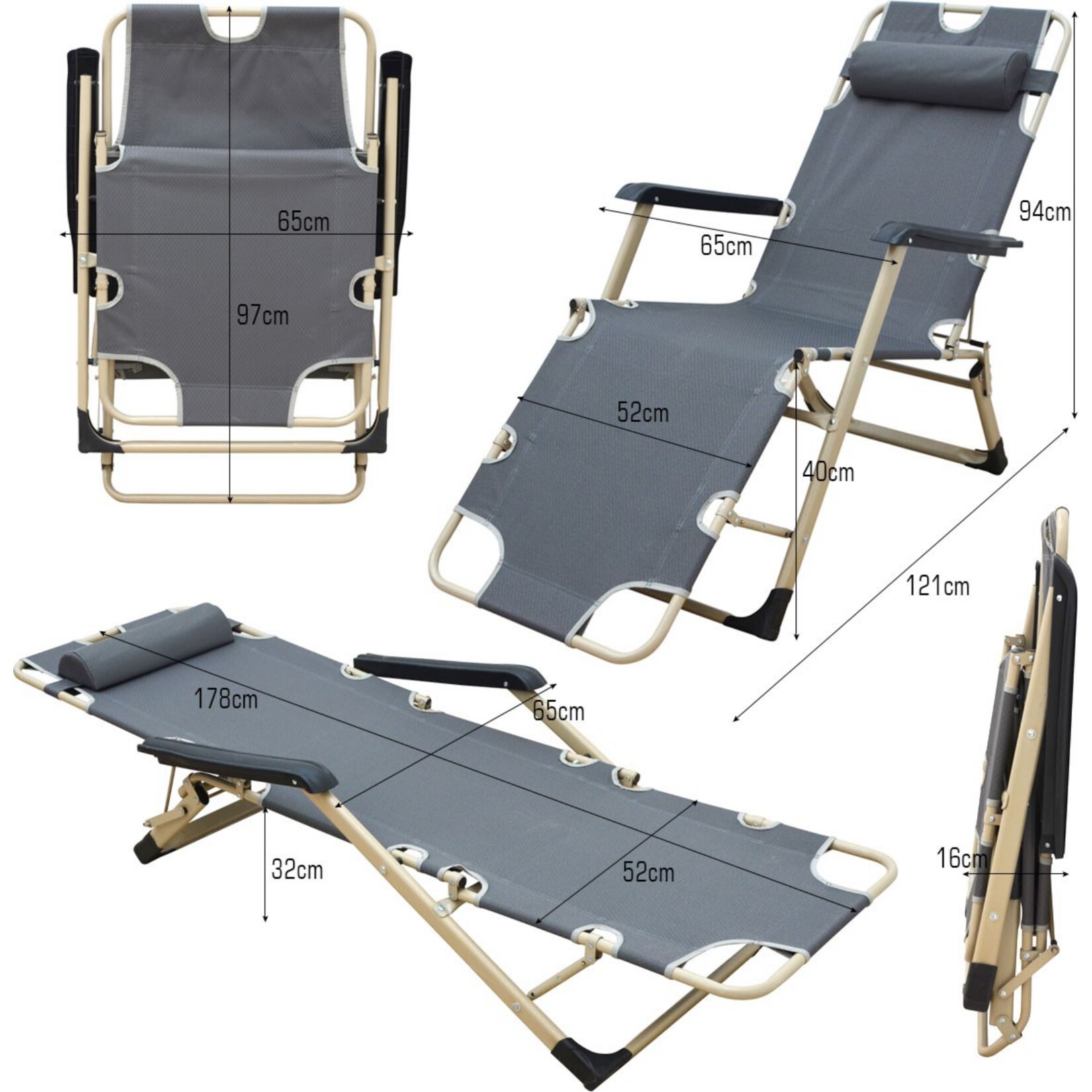 Campingstuhl Liegestuhl AMA-YU-98 XL Grau 178x65x88 cm incl. Auflage
