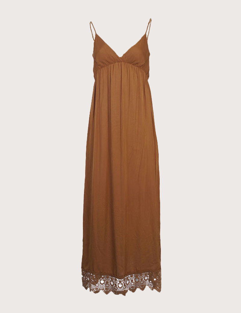 DIXIE ROBE LONGUE FINES BRETELLES VISCOSE SATINÉE DENTELLE COGNAC